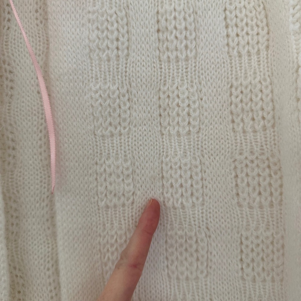 Vintage Women Orlon Acrylic White Knit Cardigan Sweater Medium Pink Bow Coquette - Picture 3 of 8